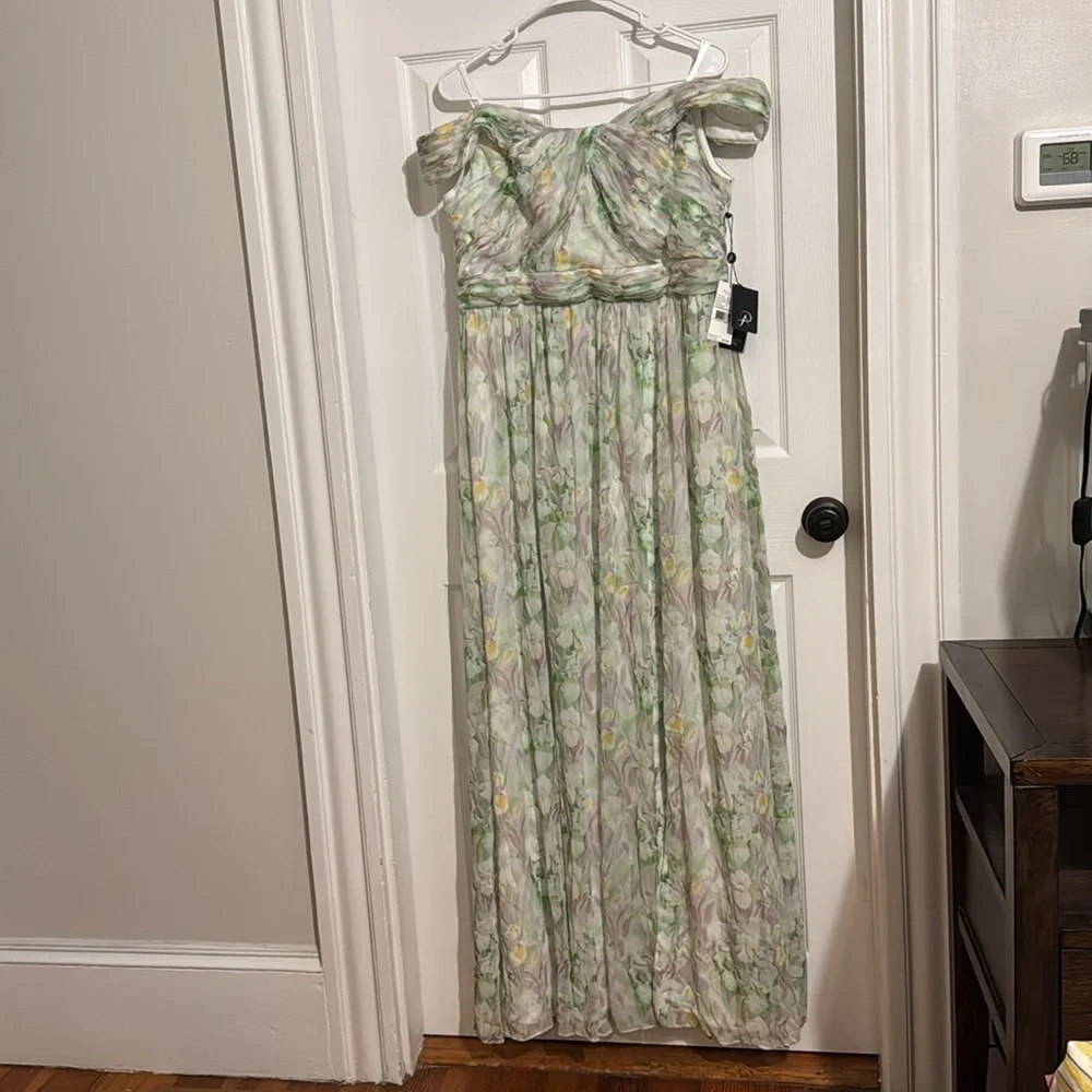 BNWT Adrianna Papell Off Shoulder Chiffon Gown Spring Mint Multi 12 and 14 - Picture 6 of 7